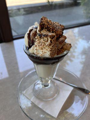 S'more's sundae with hot fudge and vanilla ice cream