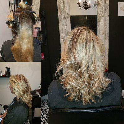 Before and after of a dimensional blonde highlight. Adds shine and balanced the cool and warm tones in the hair.