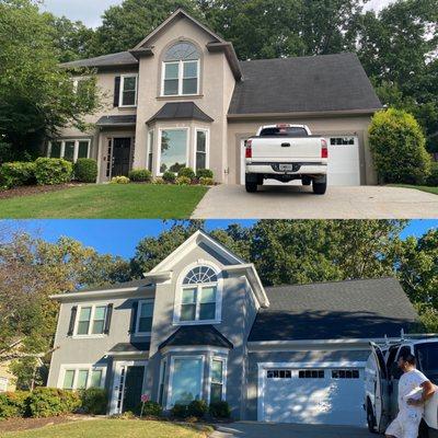 Before and After roofing, siding and paint project.