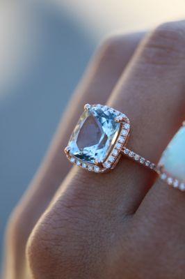 Beautiful Aquamarine and diamond ring, set in rose gold from San Antonio Jewelry. Shop our website for more!