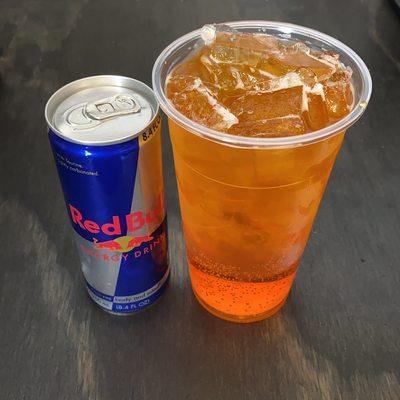 Redbull Italian soda. Can add cream and whip cream, can also make as a slushie!