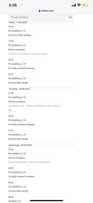 Tracking info showing the Pflugerville FedEx's incompetency! Please note each exception reason is a LIE!