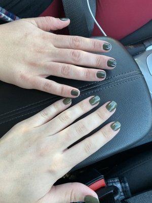 Me and my sister's shellac manicure. I asked for squared off nails and got exactly what I wanted.