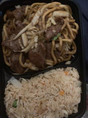 Beef Lo Mein with Chicken Fried Rice (also comes with an Egg Roll) Delicious!