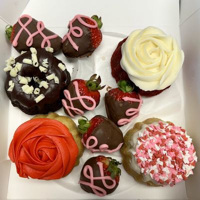 Chocolate ganache, red velvet, Kentucky butter, and love-fetti bundt cakes; chocolate-covered strawberries