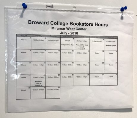 Bookstore hours - July 2018