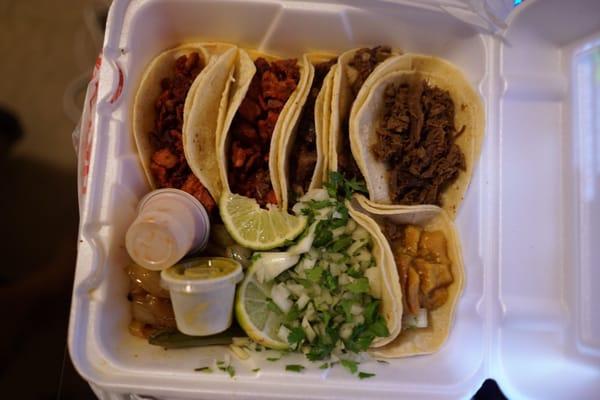 2 Pastor/tropo;2  Barbacoa; 1 fajita; 1 chiccharon from left to right