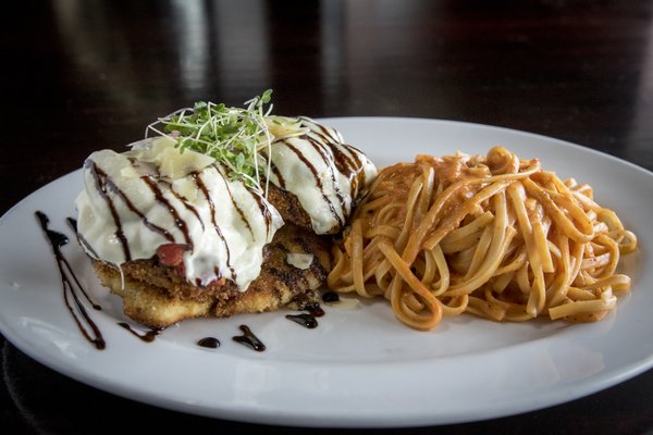 "SORRENTO" chicken, eggplant, roasted tomatoes and fresh mozzarella with linguine and marinara cream sauce