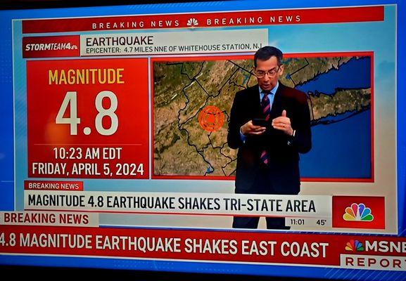 4.8 magnitude earthquake confirmed this morning in the tri-state area. Epicenter is Lebanon, NJ - 4/5/2024