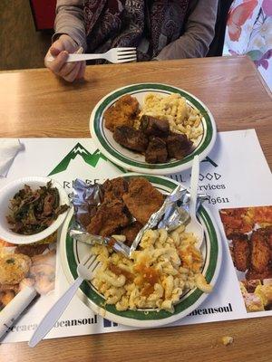 Fried chicken, Mac and cheese, sweet potatoes, ribs, collard greens