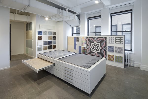 Porcelain room. Custom platform displays feature 4'x4' fields of tile.