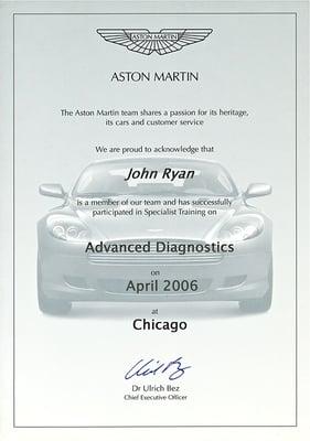 Aston Martin certificate of specialist training on Advanced Diagnostics.