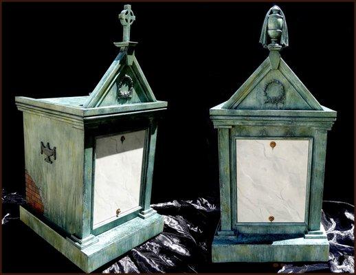 Custom mausoleum shaped cremation urn cabinets for urns and personal items of loved ones. One time engraving on headstone is free.