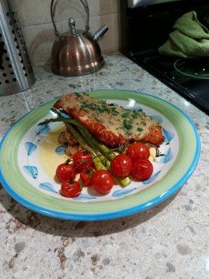 Chicken Picatta with Lemon Butter,  Roasted Oregano Potatoes, Roasted Asparagus and Blistered Tomatoes.