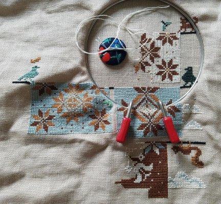 My current work in progress. Pattern, thread, and linen all purchased here at Creative Stitches & Gifts