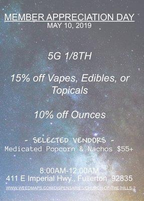 MEMBER APPRECIATION DAY // MAY 10, 2019. Come visit us for some sweet deals. Look us up on Weedmaps for vendor updates. See you soon!