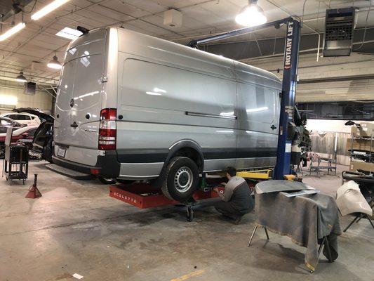 2015 Mercedes Sprinter getting set up on Celette frame bench