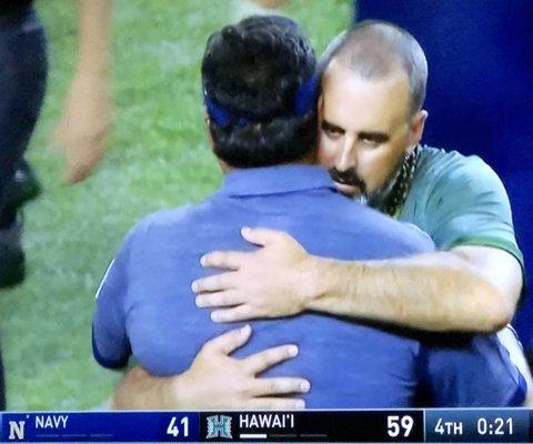 UH Warrior Football WINS on Military Night 09.01.2018. Navy 41 - Hawaii 59. Rolo hugging it out with Ken Niumatalolo.