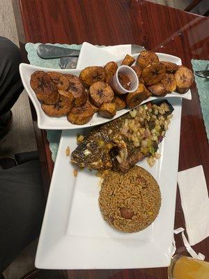 Fried Plantains with Spicy sauce.  Liberian style rice with fish.