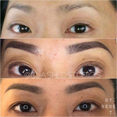 Top: Natural eyebrows
Middle: After her 4 weeks ombré retouch.
Bottom: 8 weeks after her initial ombré session. Microbladed by Bebe T.