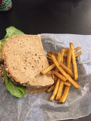 Veggie sandwich and fries. Perfectly portioned and simply delicious!