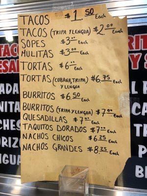 Menu with prices