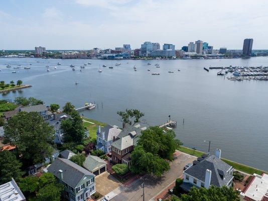 Great view of the Norfolk waterfront and skyline from Portsmouth's Swimming Point neighborhood.