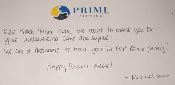 Despite COVID chaos, Prime celebrated nurses' week with food, goodies, and cards!