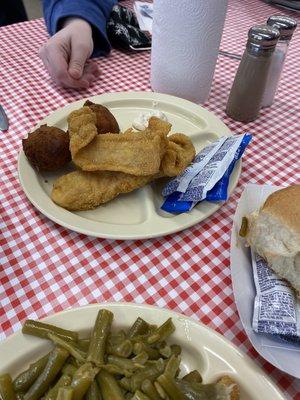 Fried fish, hush puppies, green beans.