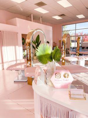 Our pink paradise! The perfect place to relax and get your brows slayed!