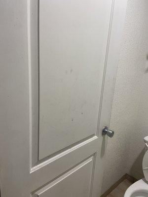 Greasy handprints all over bathroom door