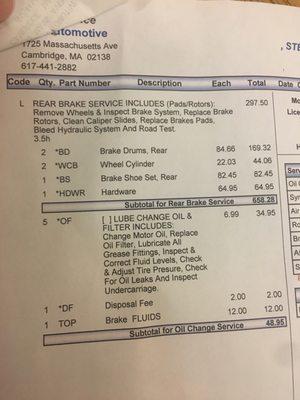 Bill from 02/01/2019. Rear drum brake on 2002 Corolla leaking brake fluid from a brake cylinder? less than a year after