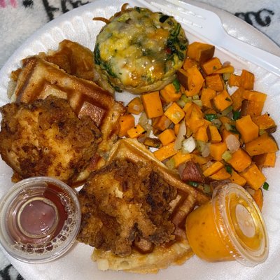 Chicken & waffle, quiche, & sweet potato hash!