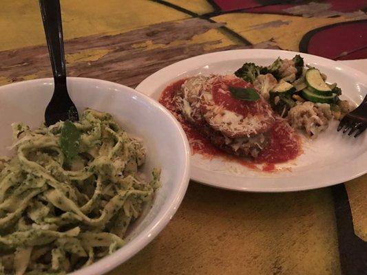 Egg plant parm with veggies and basil pesto!