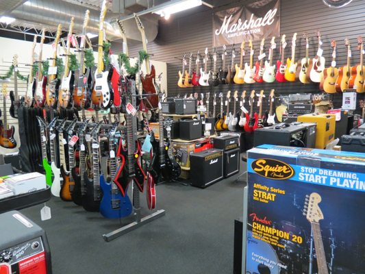 Huge selection of electric guitars, bass guitars, starter packs and amplifiers.