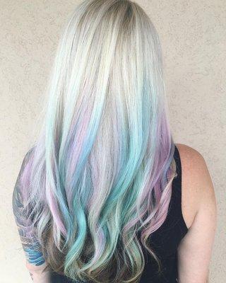 Colorful balayage by stylist Kristy at the best salon in Mecklenburg County, NC.