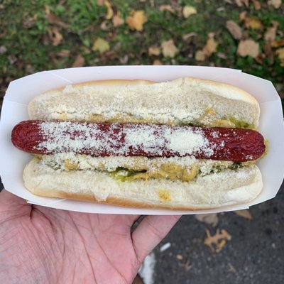 spicy andouille with relish, parmesan