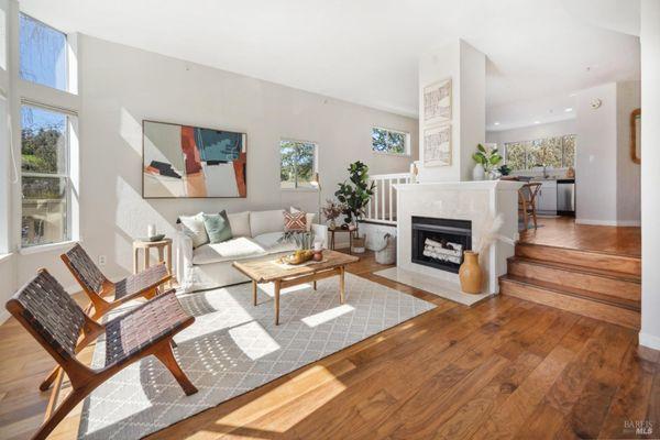 Sun filled living room, staging in Mill Valley