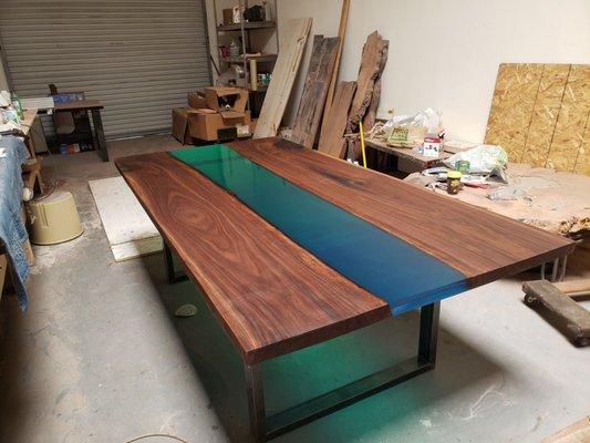 Black walnot large table with a green fade to blue river