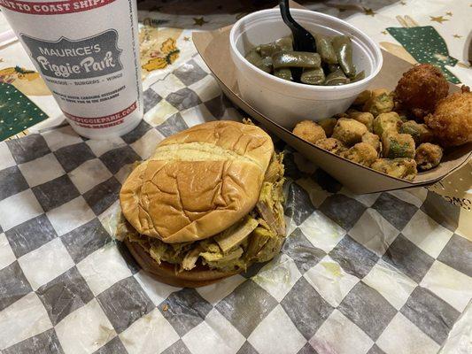 Big Joe Pulled Pork BBQ Sandwich with fried okra and green beans