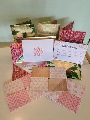 Gift Certificates are available in a variety of charming envelopes.  I sell the most gift certificates at Christmas and Mother's Day