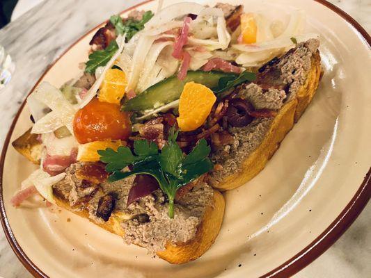 Chicken liver - the salad on top/side is very good and refreshing, good amount of chicken liver on the toast; well-balanced