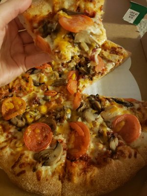 Medium specialty pizza (switched onions for mushrooms)