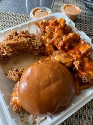 Slider/tender combo with loaded fries. Everything so so crispy and delicious. Must try it!