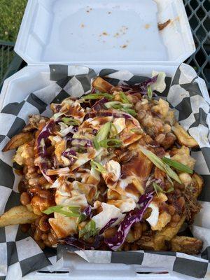 Pulled Pork Bowl (fresh cut fries, smoked mac, baked beans, cole slaw)