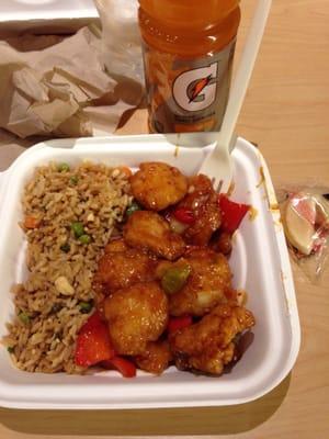 Fried rice and General Tso's. This is supposedly two servings of the chicken.