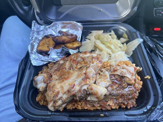 Stewed Chicken, jollof rice, cabbage, and plantains