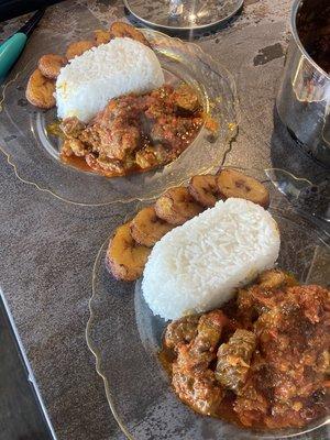 Delicious Nigerian beef and tripe stew with rice and sweet plantains