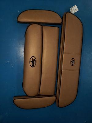 New boat cushions made in seabreeze marine material with black piping and custom black logos. picture num.1