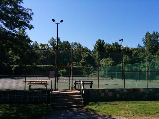 Two tennis courts in reasonably good condition. The surrounding trees provide decent shade in the early and late hours of the day.